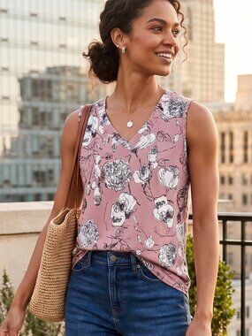 NWOT | Mauve Pink Abstract Scribble Floral V-Neck Tank Top Sleeveless | Small